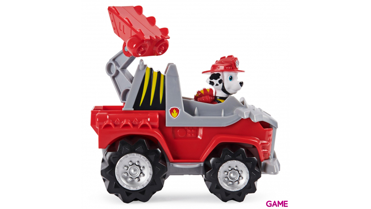 PAW Patrol , vehículo Deluxe con aceleración Dino Rescue de Marshall con figura de dinosaurio misteriosa-4