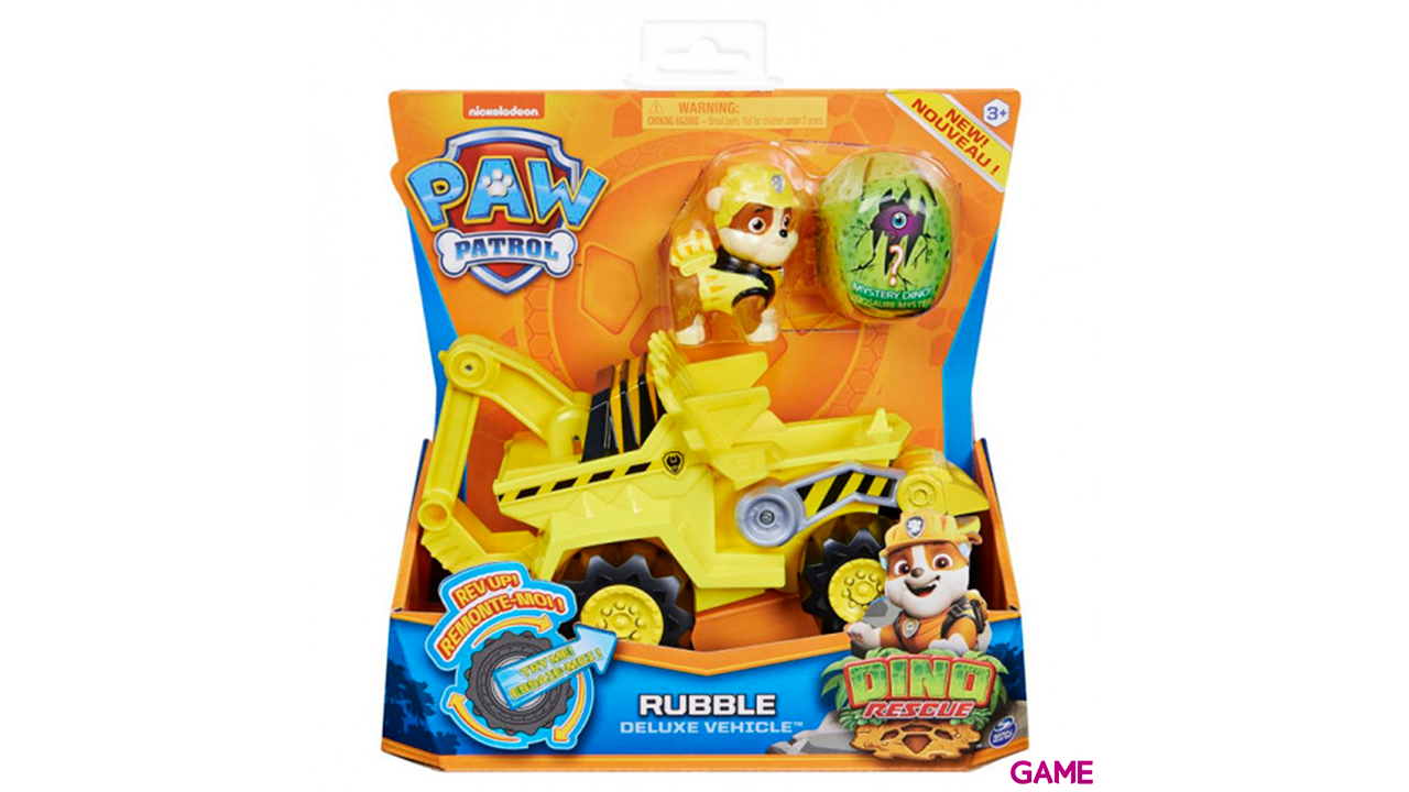 PAW Patrol , vehículo Deluxe con aceleración Dino Rescue de Rubble con figura de dinosaurio misteriosa-0