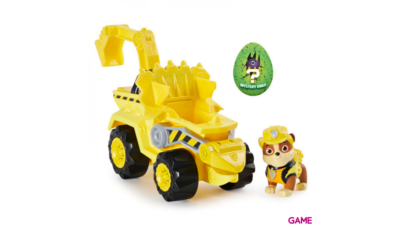 PAW Patrol , vehículo Deluxe con aceleración Dino Rescue de Rubble con figura de dinosaurio misteriosa-4