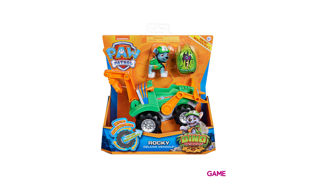 PAW Patrol , vehículo Deluxe con aceleración Dino Rescue de Rocky con figura de dinosaurio misteriosa-0