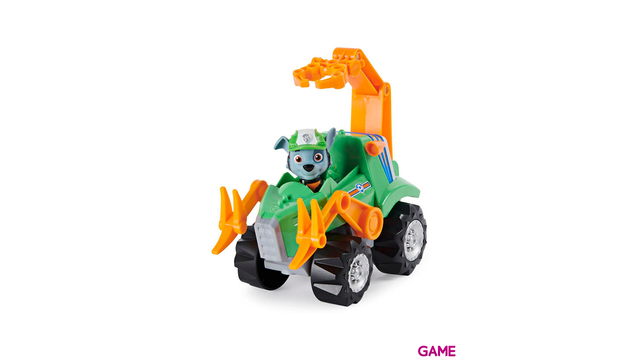 PAW Patrol , vehículo Deluxe con aceleración Dino Rescue de Rocky con figura de dinosaurio misteriosa-1