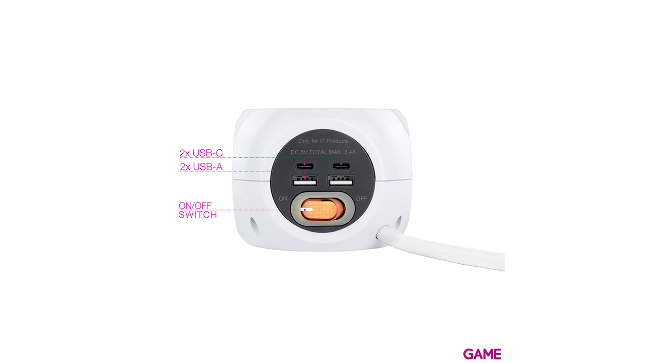 Nanocable 3 Enchufes 4 USB - 2 USB A + 2 USB-C - Carga Inalambrica Interruptor - Regleta-2
