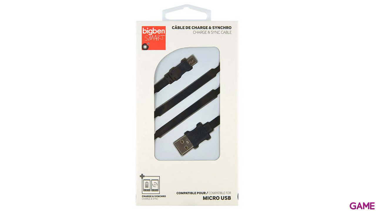 Cable plano de carga + sincro 1m Micro USB negro Big Ben-0