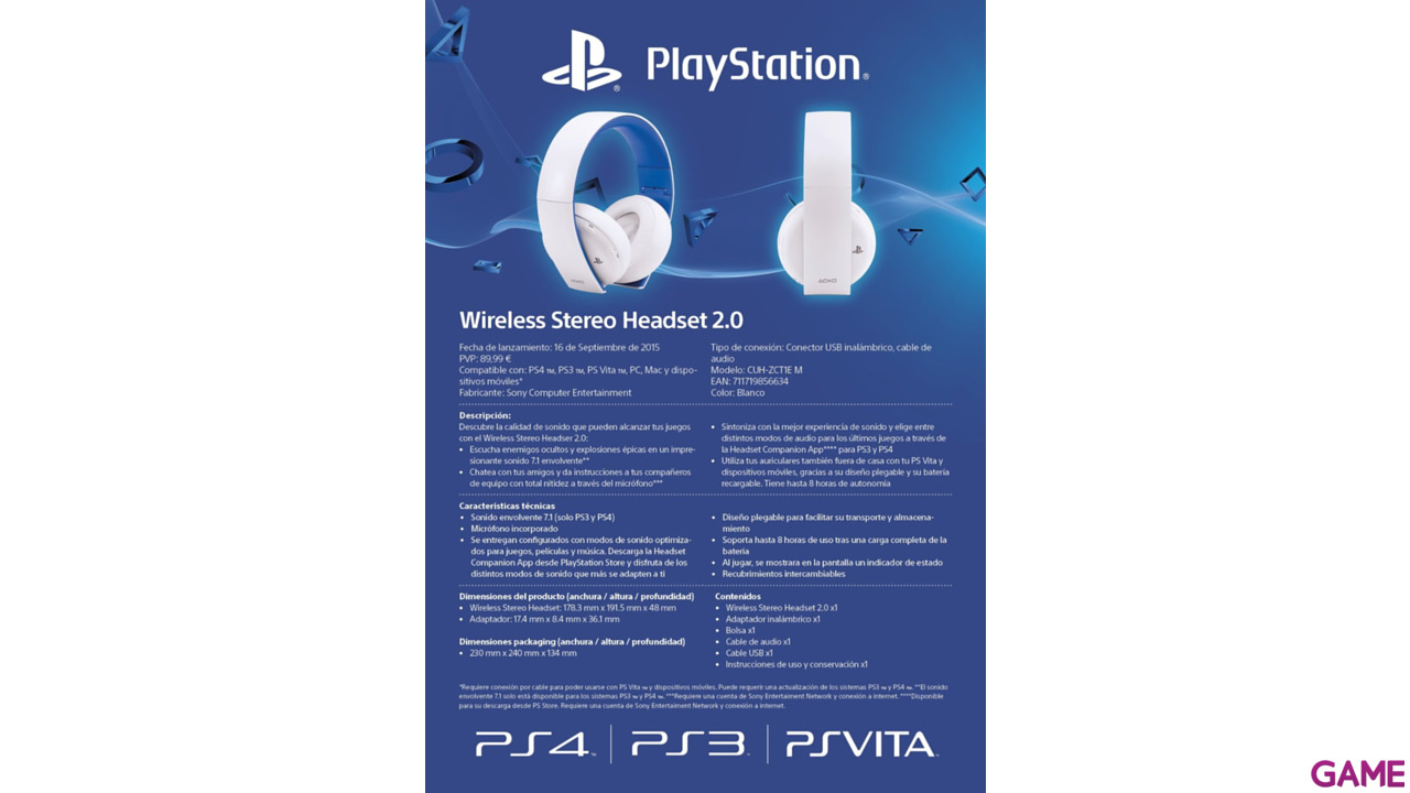Auriculares Wireless Estereo SONY White PS4-PS3-PSV - Auriculares Gaming-8